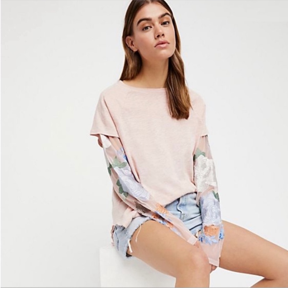 Free People Pink Embroidered Twofer Tee